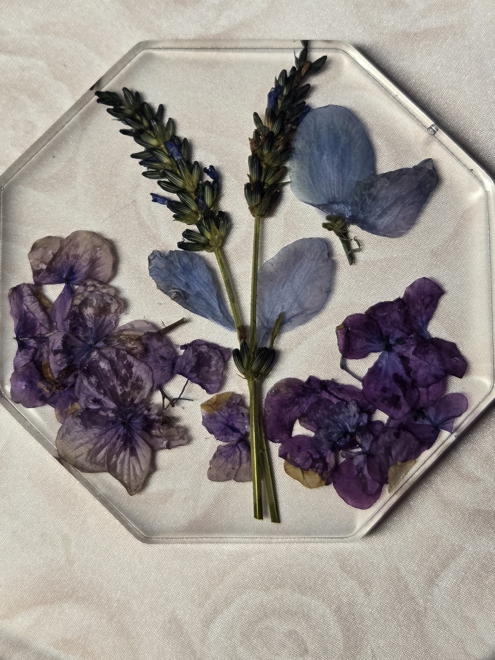 Handmade Octagonal Resin Coaster Floral Clear Purple Blue Green Set of 1